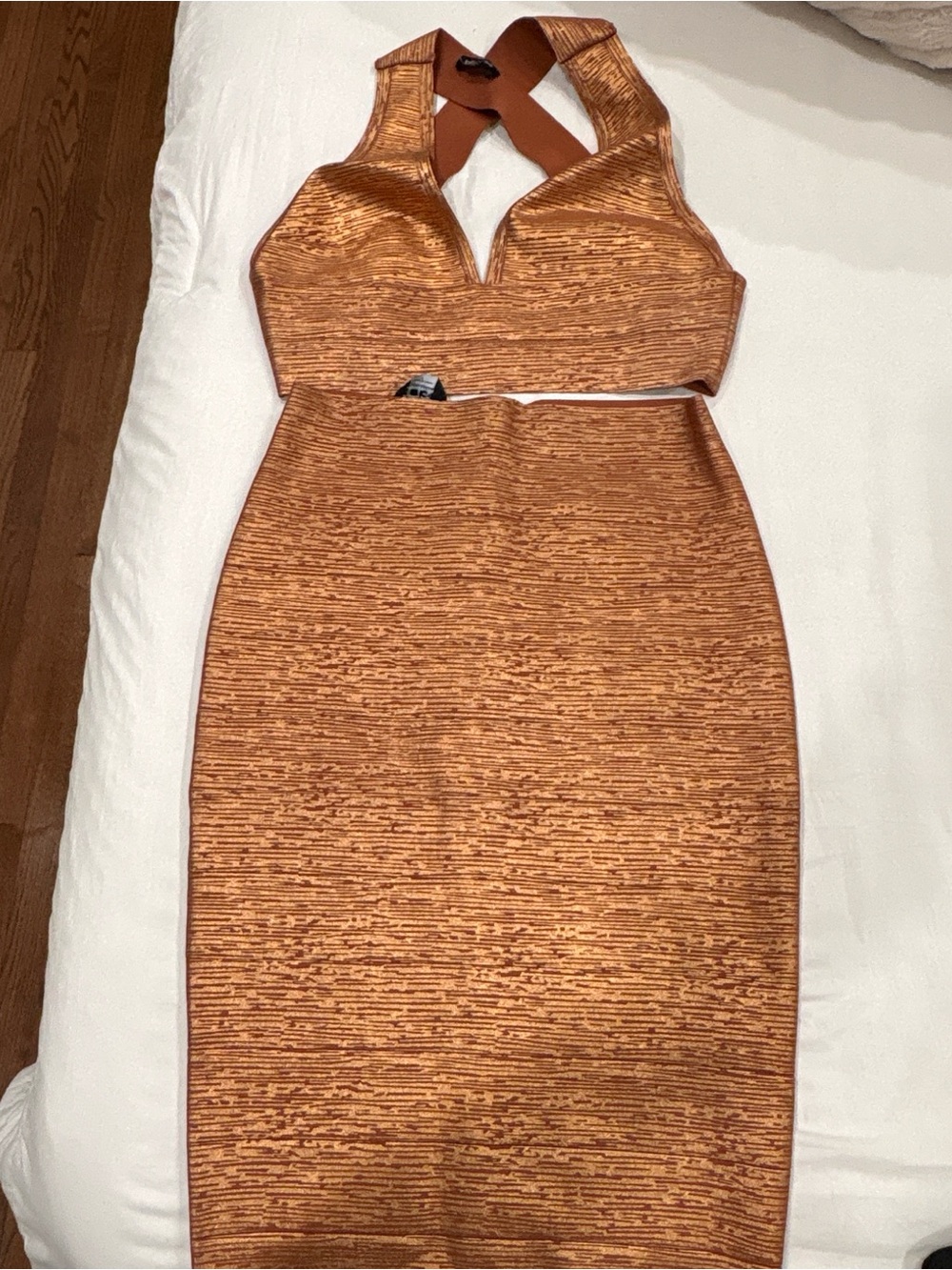 bebe Copper Textured Halter Midi Dress